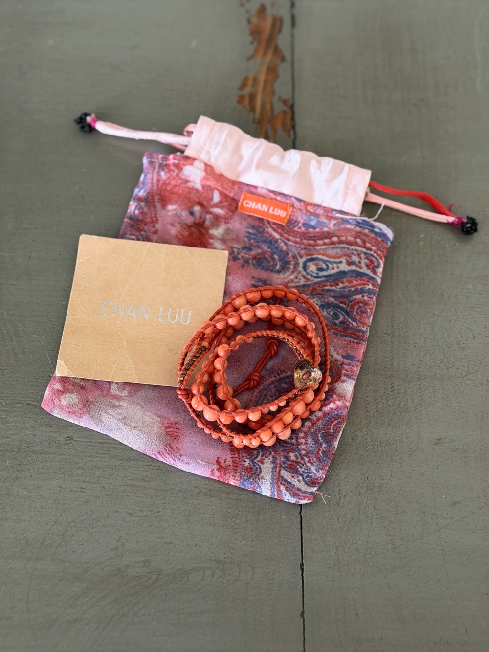 CHAN LUU Coral Pyrite Beaded 5 Wrap Bracelet with Heart Button